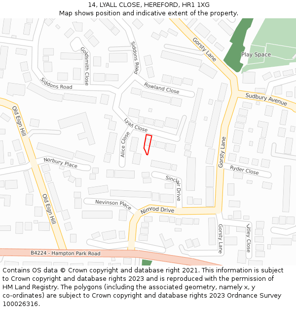 14, LYALL CLOSE, HEREFORD, HR1 1XG: Location map and indicative extent of plot