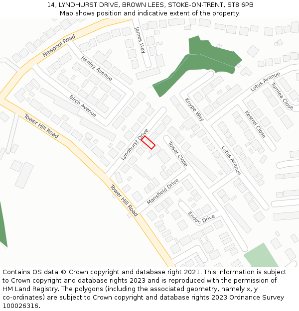 14, LYNDHURST DRIVE, BROWN LEES, STOKE-ON-TRENT, ST8 6PB: Location map and indicative extent of plot