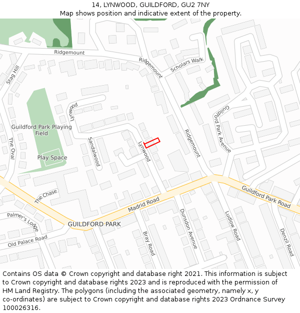 14, LYNWOOD, GUILDFORD, GU2 7NY: Location map and indicative extent of plot