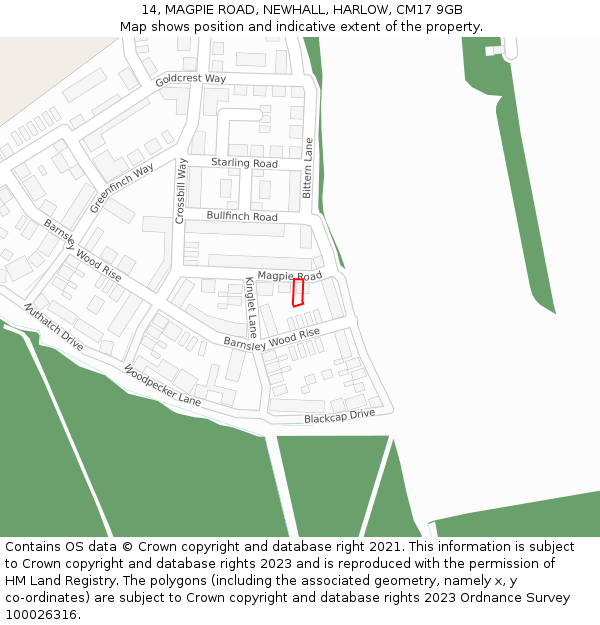 14, MAGPIE ROAD, NEWHALL, HARLOW, CM17 9GB: Location map and indicative extent of plot