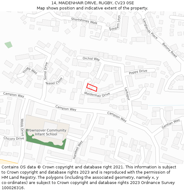 14, MAIDENHAIR DRIVE, RUGBY, CV23 0SE: Location map and indicative extent of plot