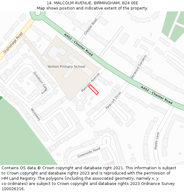 14, MALCOLM AVENUE, BIRMINGHAM, B24 0EE: Location map and indicative extent of plot