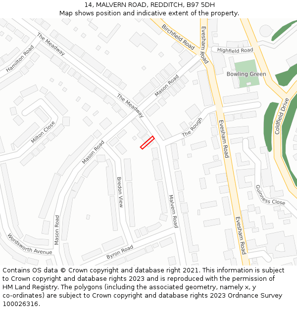 14, MALVERN ROAD, REDDITCH, B97 5DH: Location map and indicative extent of plot