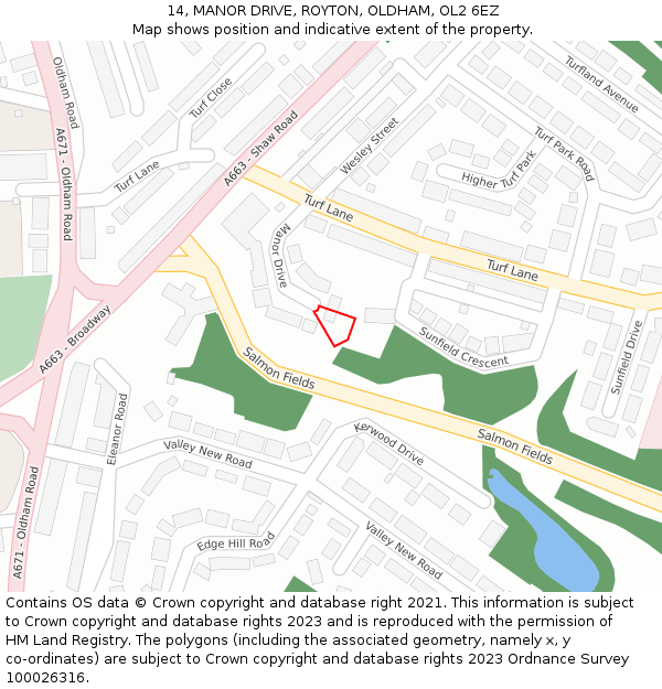 14, MANOR DRIVE, ROYTON, OLDHAM, OL2 6EZ: Location map and indicative extent of plot