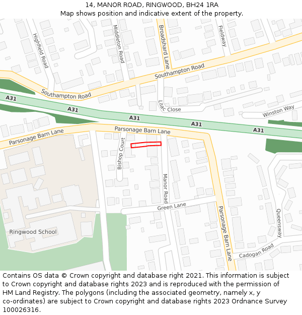 14, MANOR ROAD, RINGWOOD, BH24 1RA: Location map and indicative extent of plot