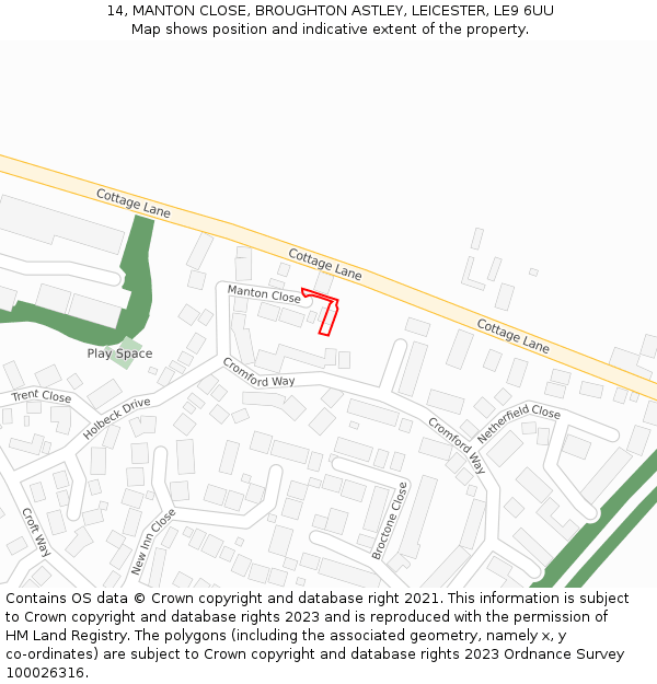 14, MANTON CLOSE, BROUGHTON ASTLEY, LEICESTER, LE9 6UU: Location map and indicative extent of plot
