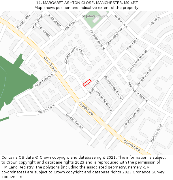 14, MARGARET ASHTON CLOSE, MANCHESTER, M9 4PZ: Location map and indicative extent of plot