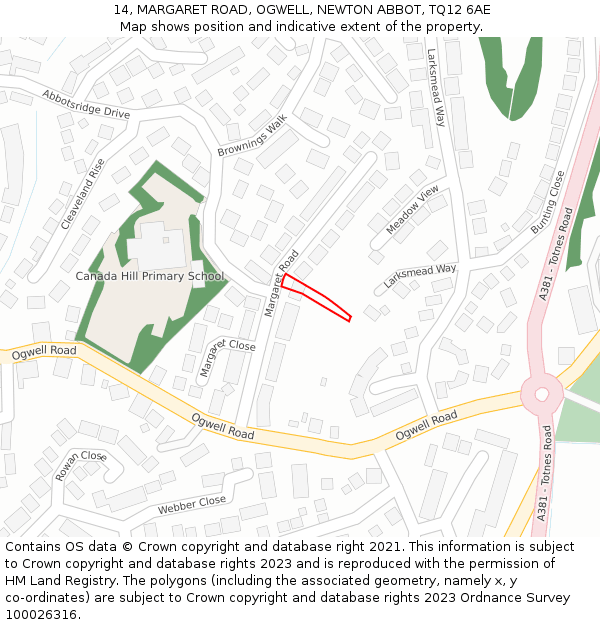 14, MARGARET ROAD, OGWELL, NEWTON ABBOT, TQ12 6AE: Location map and indicative extent of plot