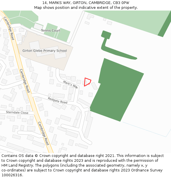 14, MARKS WAY, GIRTON, CAMBRIDGE, CB3 0PW: Location map and indicative extent of plot