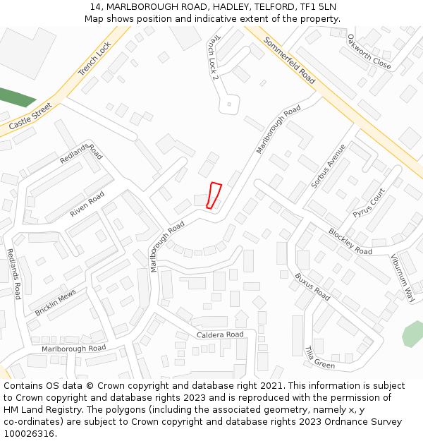 14, MARLBOROUGH ROAD, HADLEY, TELFORD, TF1 5LN: Location map and indicative extent of plot