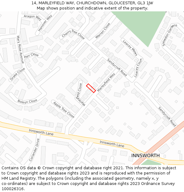 14, MARLEYFIELD WAY, CHURCHDOWN, GLOUCESTER, GL3 1JW: Location map and indicative extent of plot