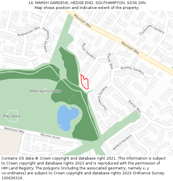 14, MARSH GARDENS, HEDGE END, SOUTHAMPTON, SO30 2XN: Location map and indicative extent of plot