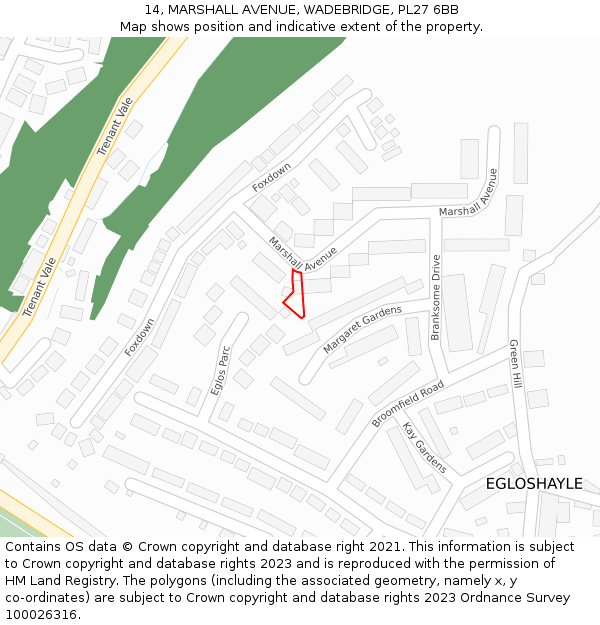 14, MARSHALL AVENUE, WADEBRIDGE, PL27 6BB: Location map and indicative extent of plot