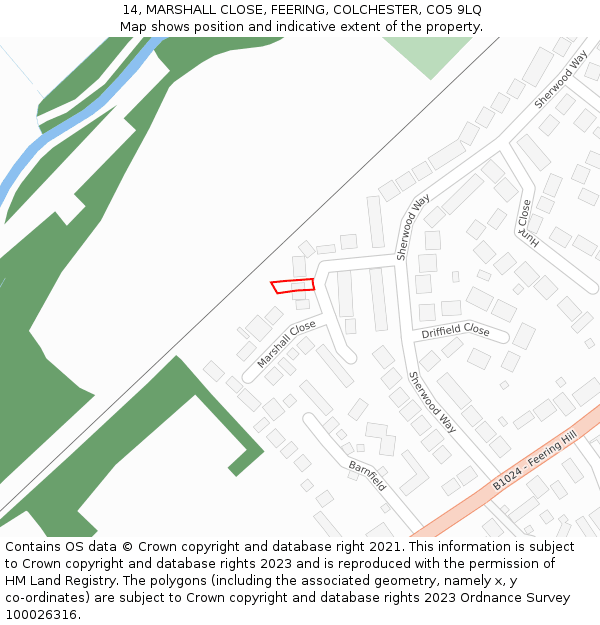 14, MARSHALL CLOSE, FEERING, COLCHESTER, CO5 9LQ: Location map and indicative extent of plot