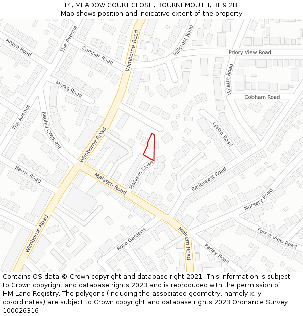 14, MEADOW COURT CLOSE, BOURNEMOUTH, BH9 2BT: Location map and indicative extent of plot