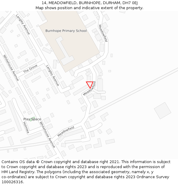 14, MEADOWFIELD, BURNHOPE, DURHAM, DH7 0EJ: Location map and indicative extent of plot