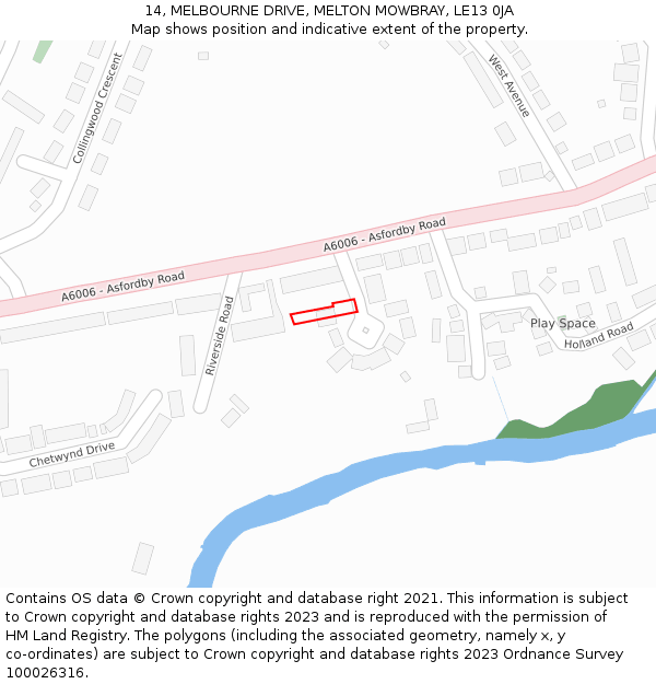 14, MELBOURNE DRIVE, MELTON MOWBRAY, LE13 0JA: Location map and indicative extent of plot