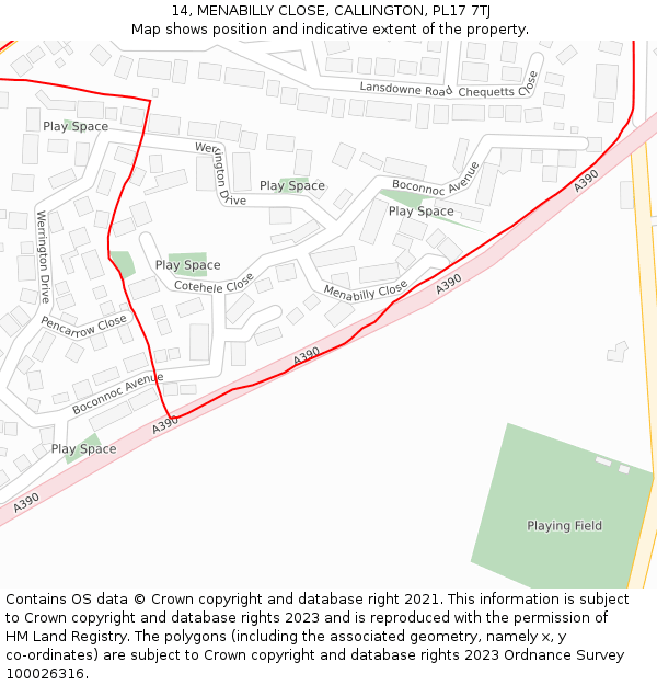 14, MENABILLY CLOSE, CALLINGTON, PL17 7TJ: Location map and indicative extent of plot