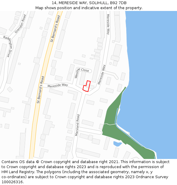 14, MERESIDE WAY, SOLIHULL, B92 7DB: Location map and indicative extent of plot