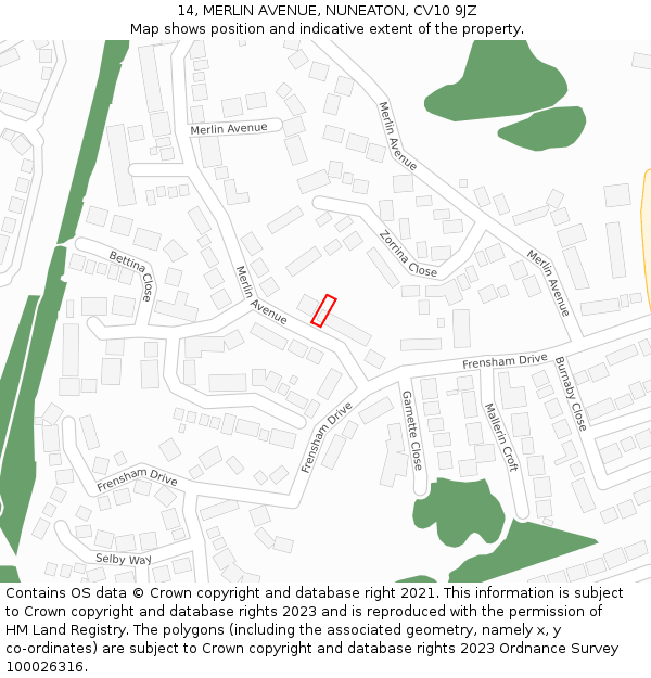 14, MERLIN AVENUE, NUNEATON, CV10 9JZ: Location map and indicative extent of plot