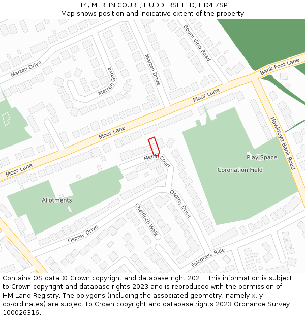 14, MERLIN COURT, HUDDERSFIELD, HD4 7SP: Location map and indicative extent of plot