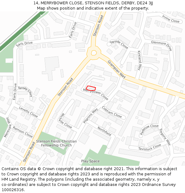 14, MERRYBOWER CLOSE, STENSON FIELDS, DERBY, DE24 3JJ: Location map and indicative extent of plot