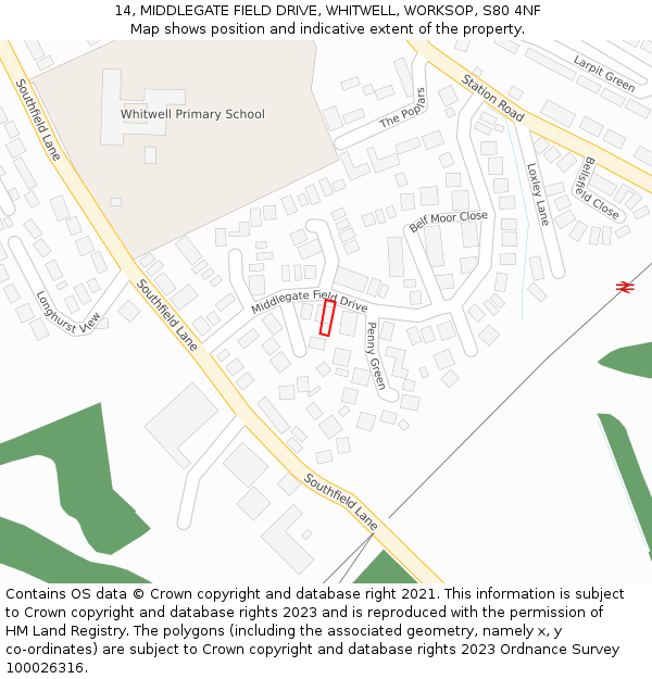 14, MIDDLEGATE FIELD DRIVE, WHITWELL, WORKSOP, S80 4NF: Location map and indicative extent of plot