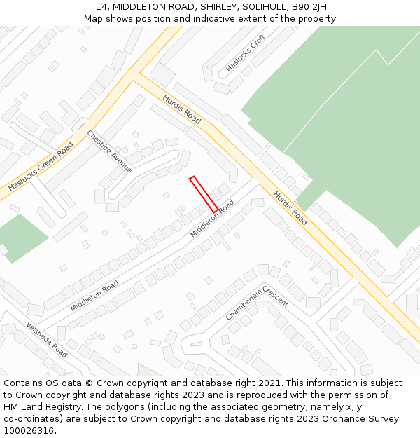 14, MIDDLETON ROAD, SHIRLEY, SOLIHULL, B90 2JH: Location map and indicative extent of plot