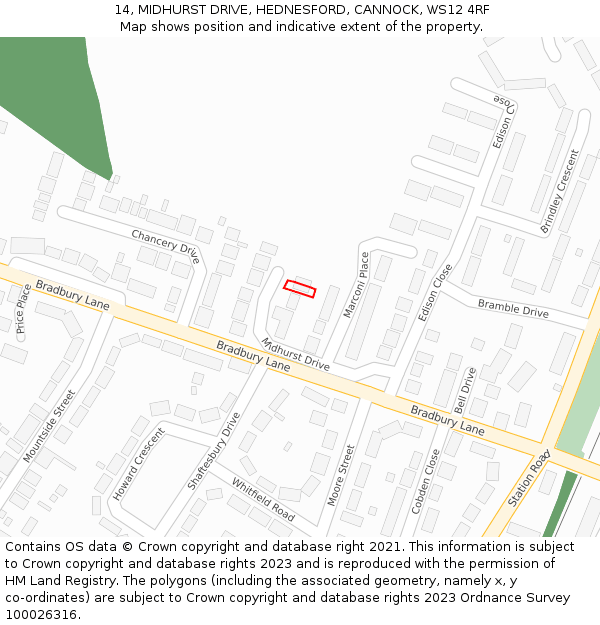 14, MIDHURST DRIVE, HEDNESFORD, CANNOCK, WS12 4RF: Location map and indicative extent of plot