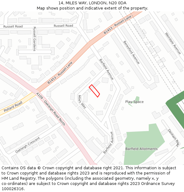 14, MILES WAY, LONDON, N20 0DA: Location map and indicative extent of plot