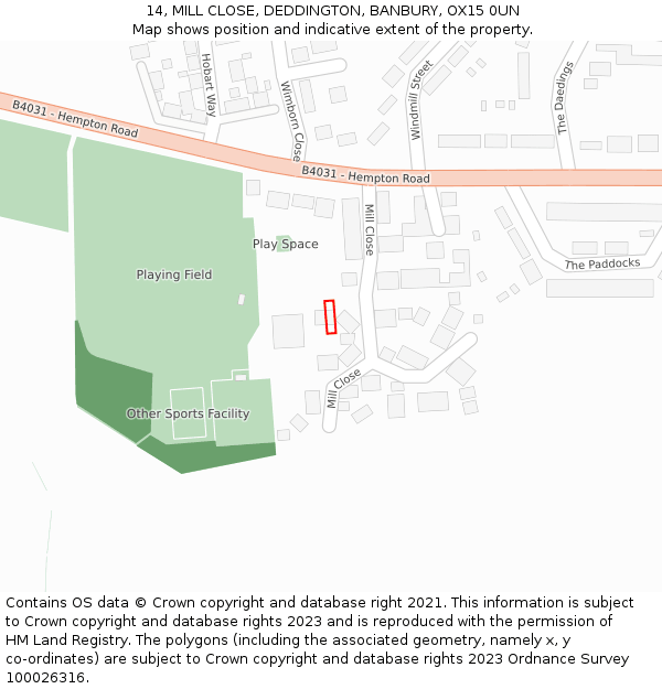 14, MILL CLOSE, DEDDINGTON, BANBURY, OX15 0UN: Location map and indicative extent of plot