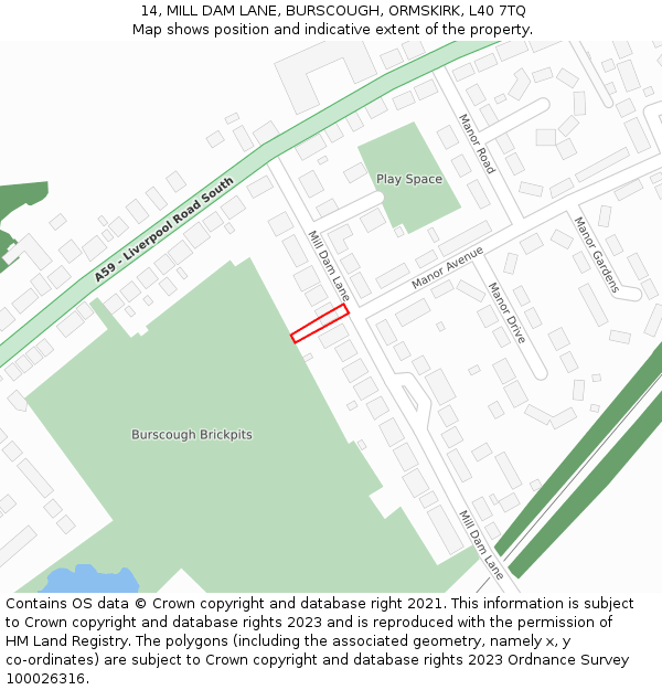 14, MILL DAM LANE, BURSCOUGH, ORMSKIRK, L40 7TQ: Location map and indicative extent of plot