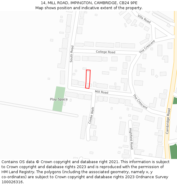 14, MILL ROAD, IMPINGTON, CAMBRIDGE, CB24 9PE: Location map and indicative extent of plot