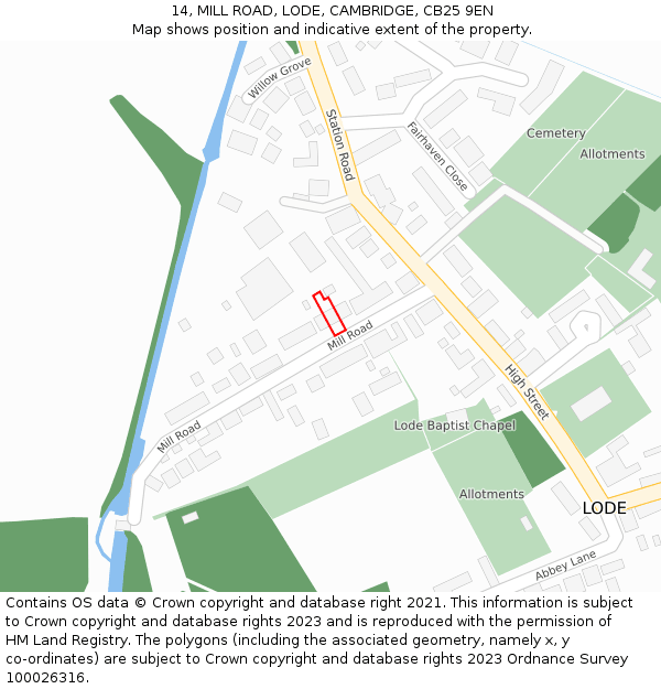 14, MILL ROAD, LODE, CAMBRIDGE, CB25 9EN: Location map and indicative extent of plot