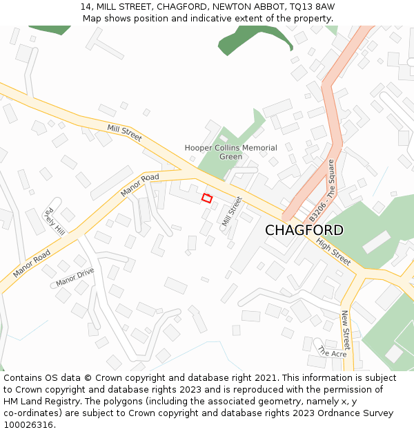 14, MILL STREET, CHAGFORD, NEWTON ABBOT, TQ13 8AW: Location map and indicative extent of plot