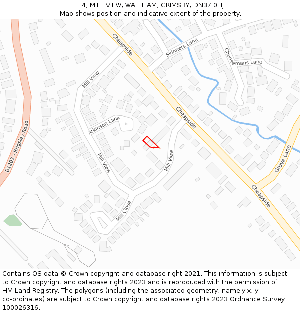 14, MILL VIEW, WALTHAM, GRIMSBY, DN37 0HJ: Location map and indicative extent of plot