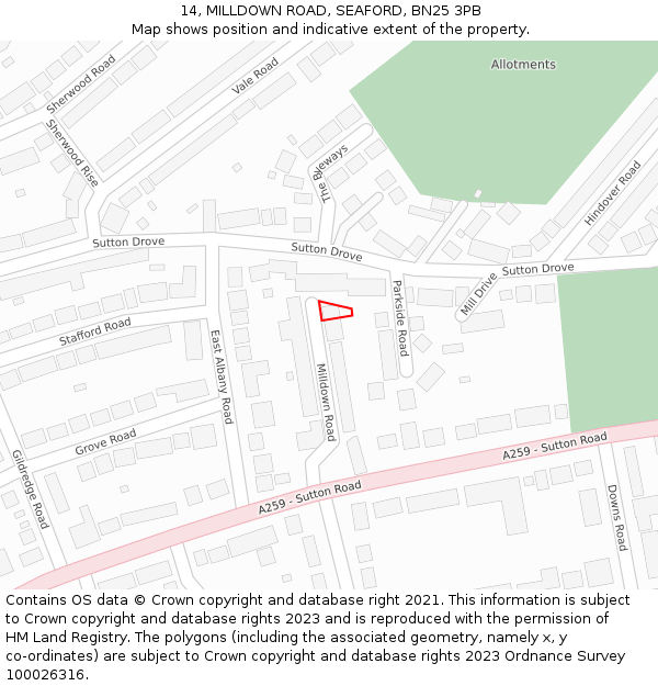 14, MILLDOWN ROAD, SEAFORD, BN25 3PB: Location map and indicative extent of plot