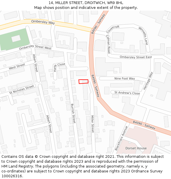 14, MILLER STREET, DROITWICH, WR9 8HL: Location map and indicative extent of plot