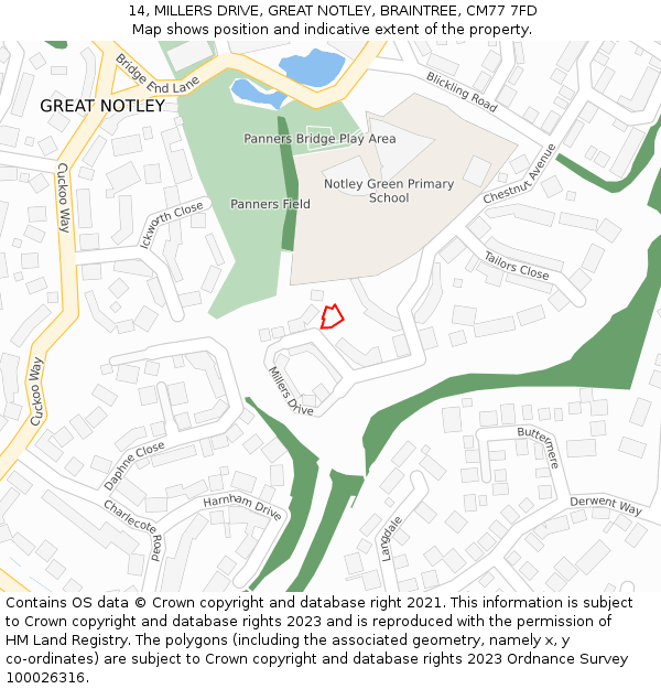 14, MILLERS DRIVE, GREAT NOTLEY, BRAINTREE, CM77 7FD: Location map and indicative extent of plot