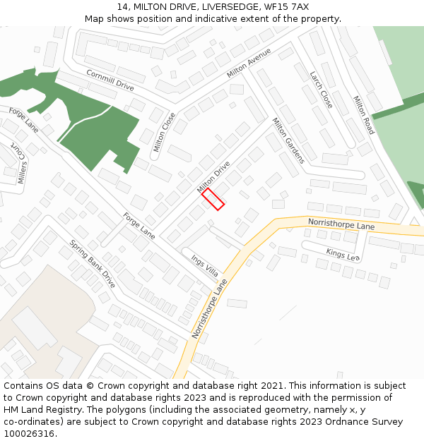 14, MILTON DRIVE, LIVERSEDGE, WF15 7AX: Location map and indicative extent of plot