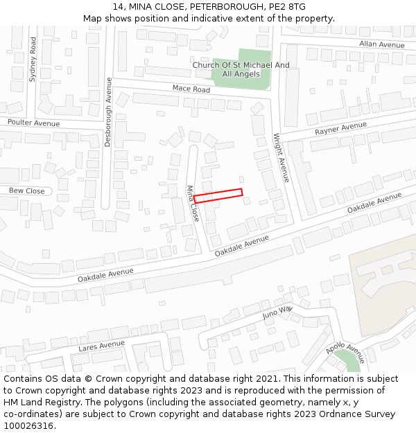 14, MINA CLOSE, PETERBOROUGH, PE2 8TG: Location map and indicative extent of plot