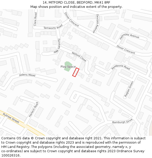 14, MITFORD CLOSE, BEDFORD, MK41 8RF: Location map and indicative extent of plot