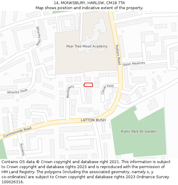 14, MONKSBURY, HARLOW, CM18 7TA: Location map and indicative extent of plot