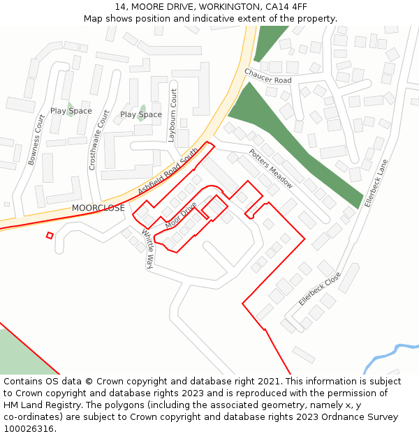 14, MOORE DRIVE, WORKINGTON, CA14 4FF: Location map and indicative extent of plot