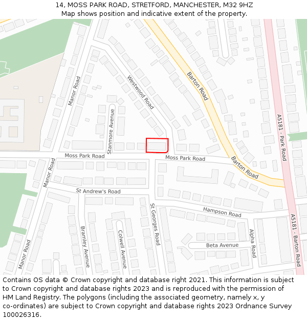 14, MOSS PARK ROAD, STRETFORD, MANCHESTER, M32 9HZ: Location map and indicative extent of plot