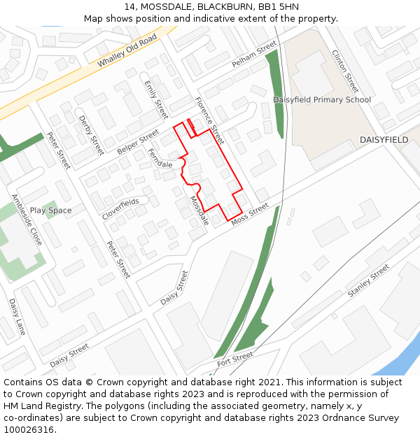 14, MOSSDALE, BLACKBURN, BB1 5HN: Location map and indicative extent of plot