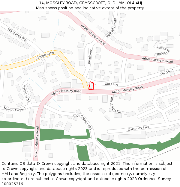 14, MOSSLEY ROAD, GRASSCROFT, OLDHAM, OL4 4HJ: Location map and indicative extent of plot