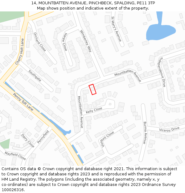 14, MOUNTBATTEN AVENUE, PINCHBECK, SPALDING, PE11 3TP: Location map and indicative extent of plot