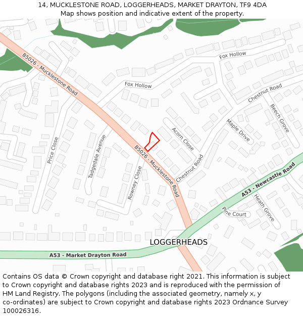 14, MUCKLESTONE ROAD, LOGGERHEADS, MARKET DRAYTON, TF9 4DA: Location map and indicative extent of plot