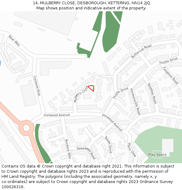 14, MULBERRY CLOSE, DESBOROUGH, KETTERING, NN14 2JQ: Location map and indicative extent of plot